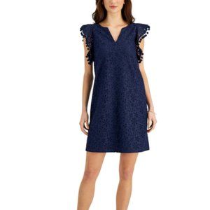 Charter Club Lace Eyelet Pom-Pom Flutter Sleeve Dress- Navy NWT Size Large